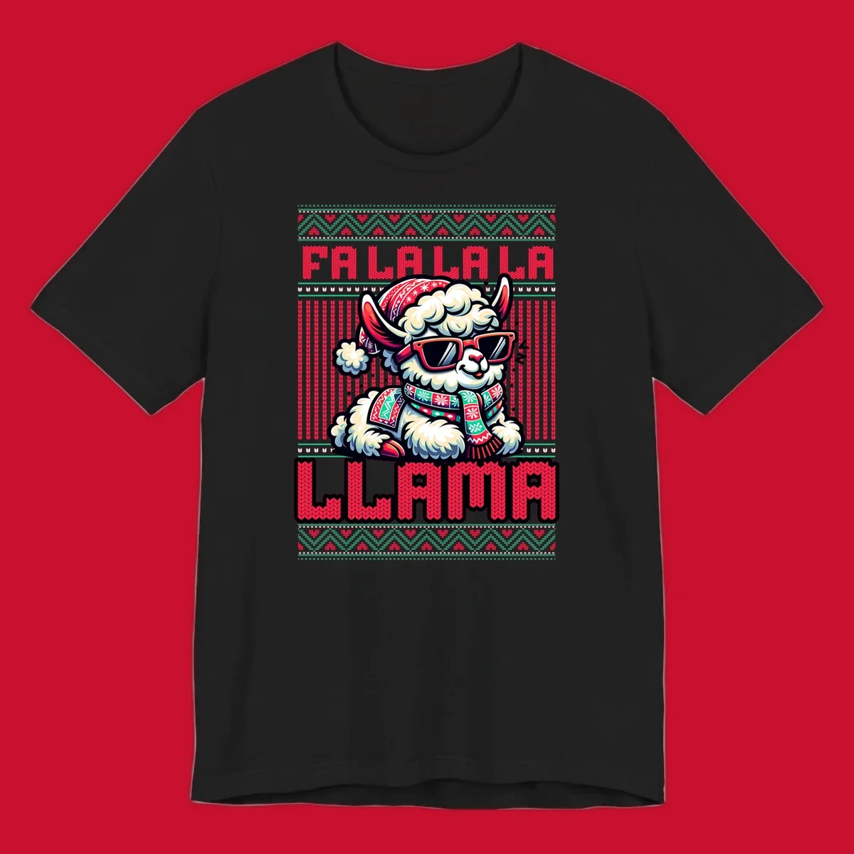 Loud falalala llama with sunglasses and Santa hat, ugly christmas sweater design.