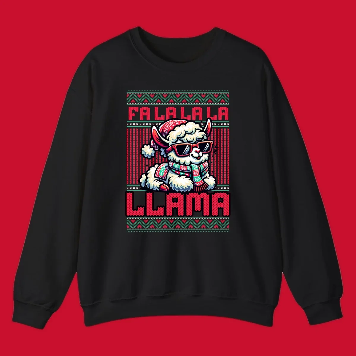 Loud falalala llama with sunglasses and Santa hat, ugly christmas sweater design.