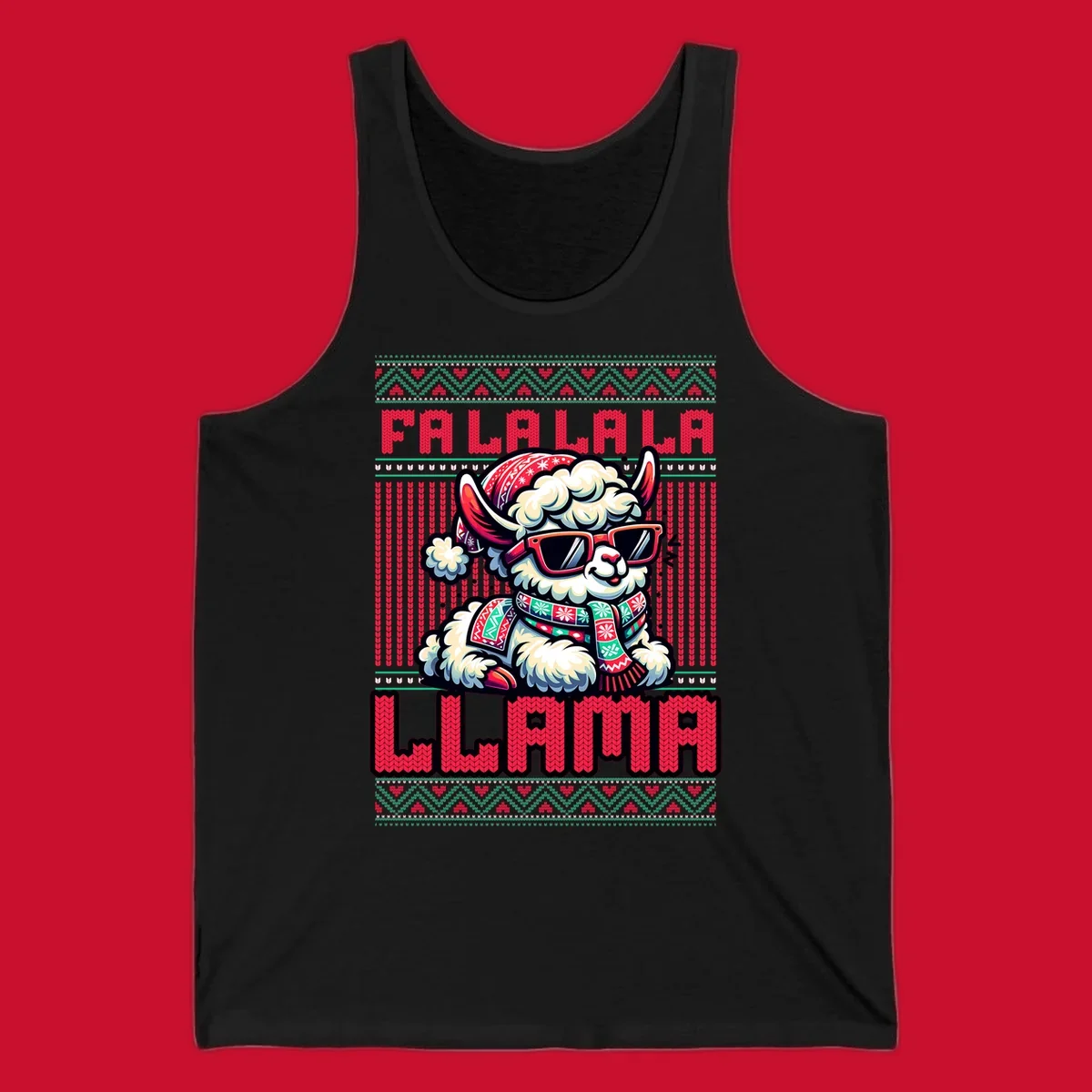 Loud falalala llama with sunglasses and Santa hat, ugly christmas sweater design.