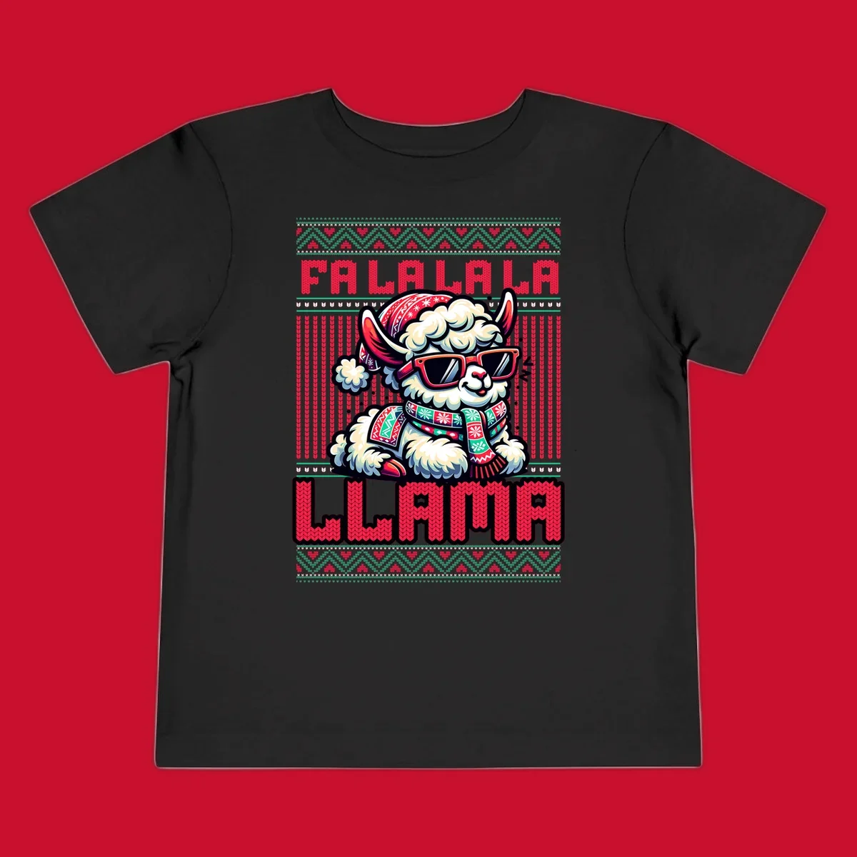 Loud falalala llama with sunglasses and Santa hat, ugly christmas sweater design.