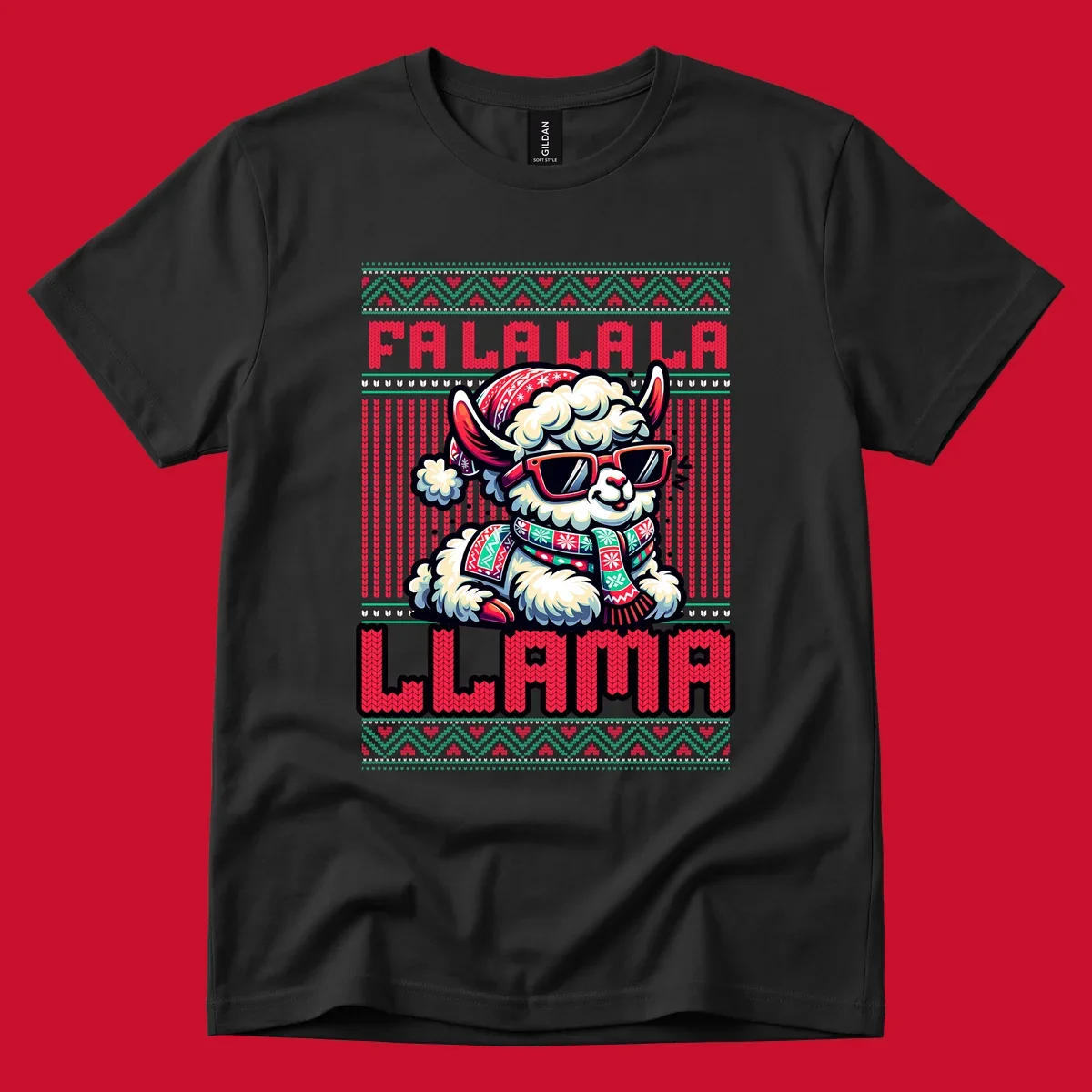 Loud falalala llama with sunglasses and Santa hat, ugly christmas sweater design.