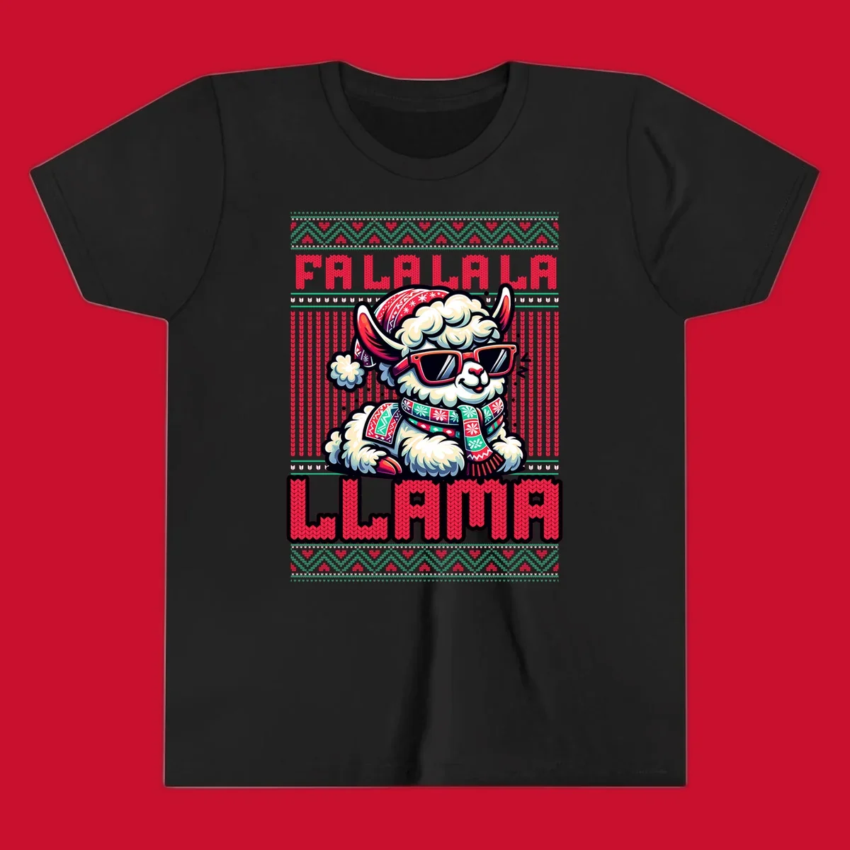 Loud falalala llama with sunglasses and Santa hat, ugly christmas sweater design.