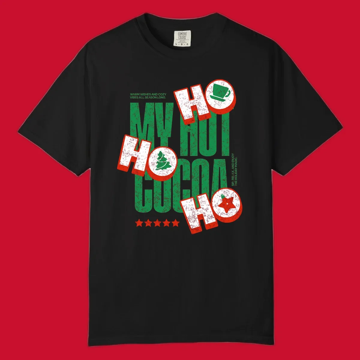 Hot cocoa holiday cheer text and icons design. Festive and loud for Christmas.