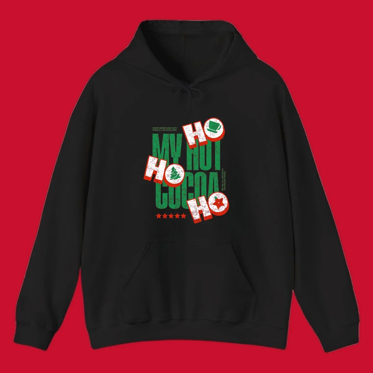 Hot cocoa holiday cheer text and icons design. Festive and loud for Christmas.