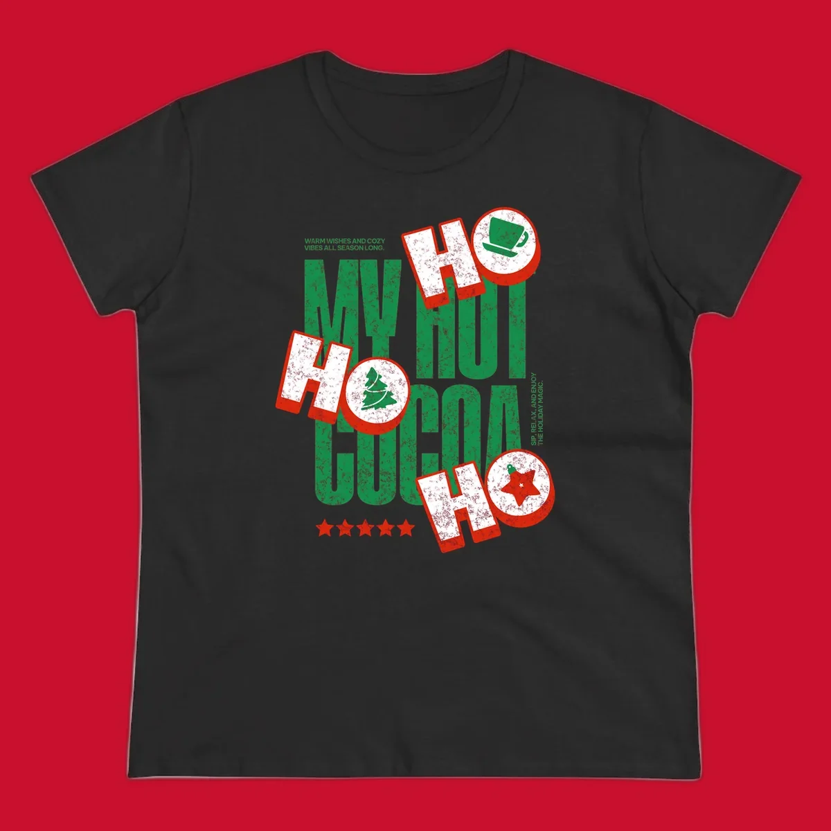 Hot cocoa holiday cheer text and icons design. Festive and loud for Christmas.
