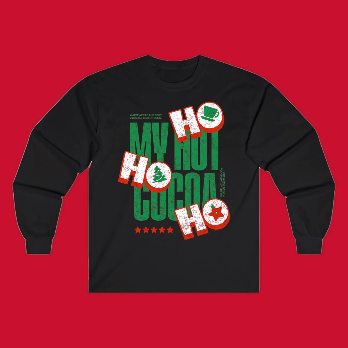 Hot cocoa holiday cheer text and icons design. Festive and loud for Christmas.