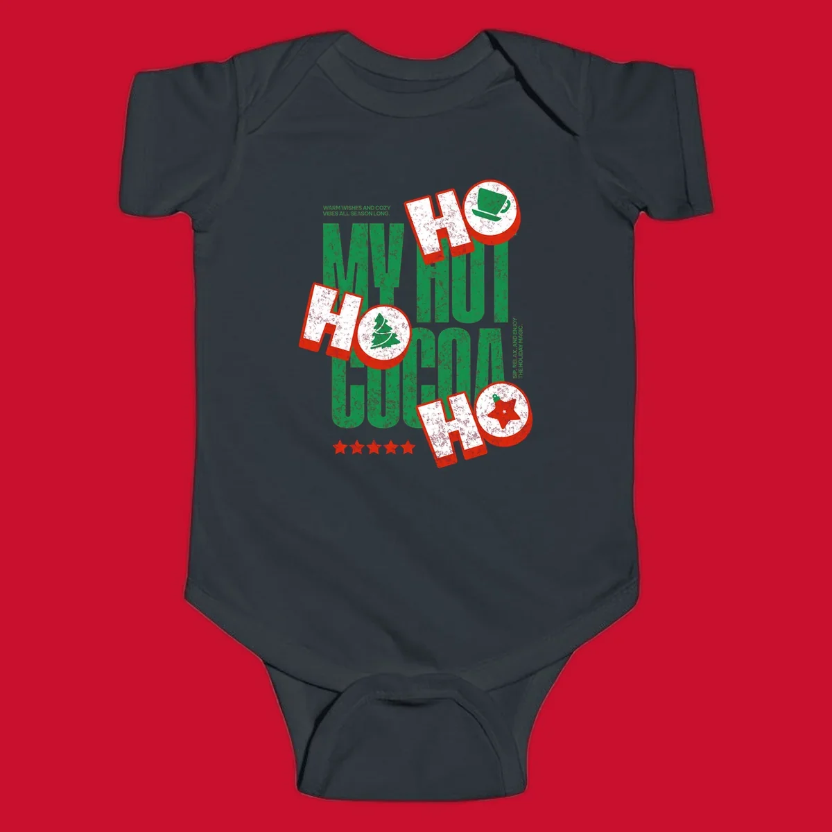 Hot cocoa holiday cheer text and icons design. Festive and loud for Christmas.