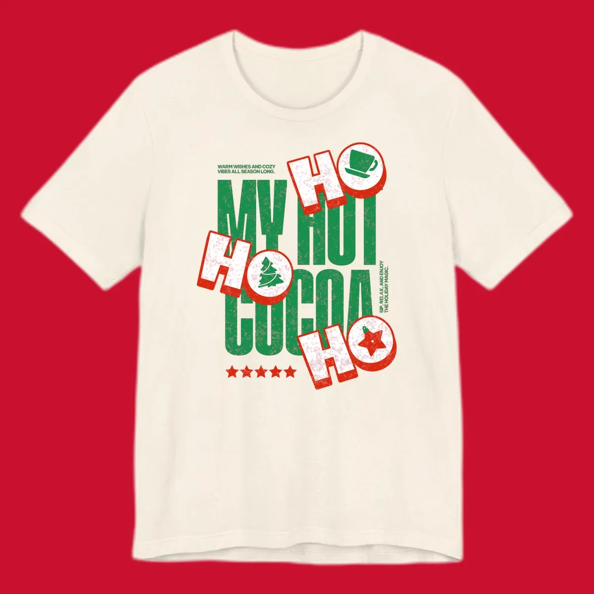 Hot cocoa holiday cheer text and icons design. Festive and loud for Christmas.