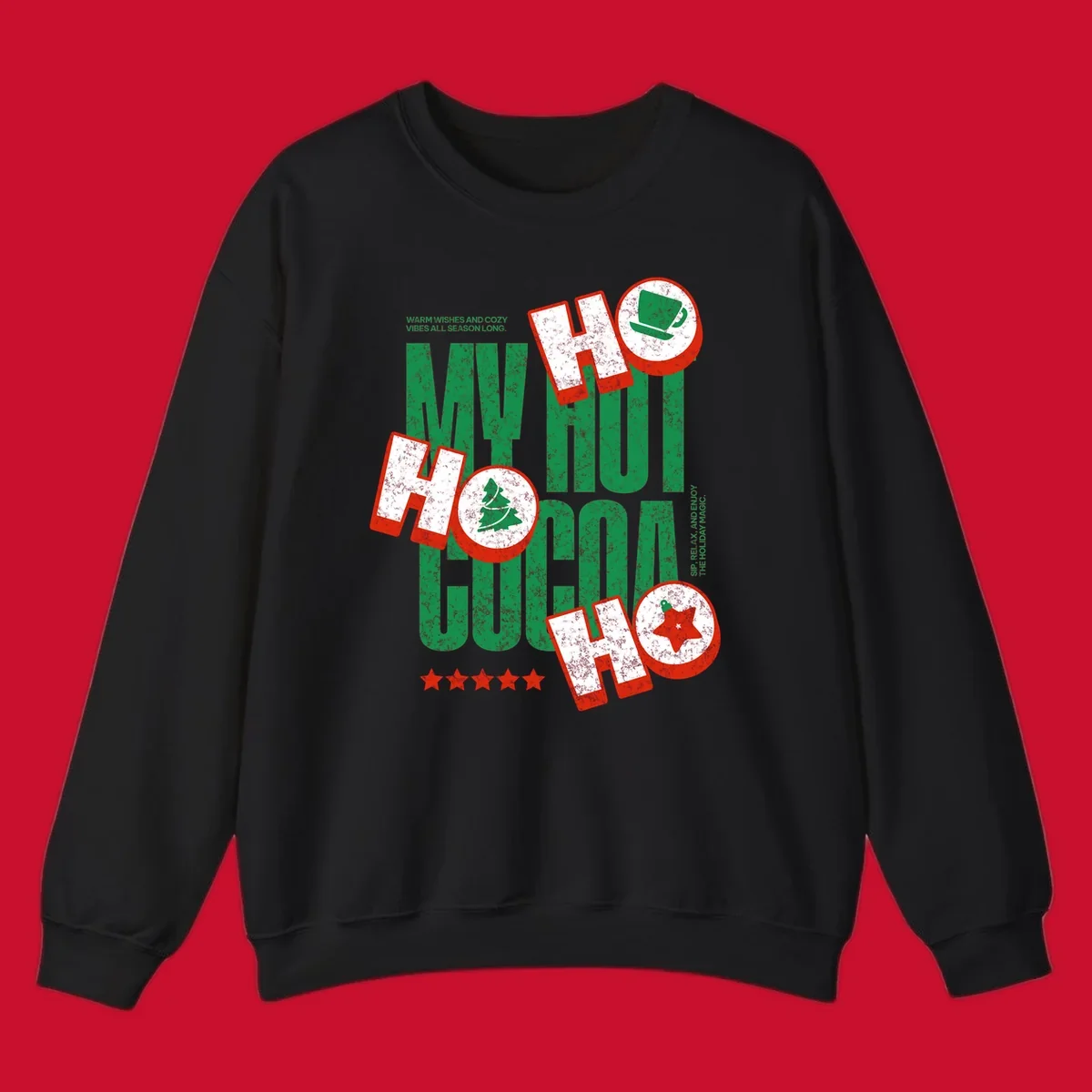 Hot cocoa holiday cheer text and icons design. Festive and loud for Christmas.