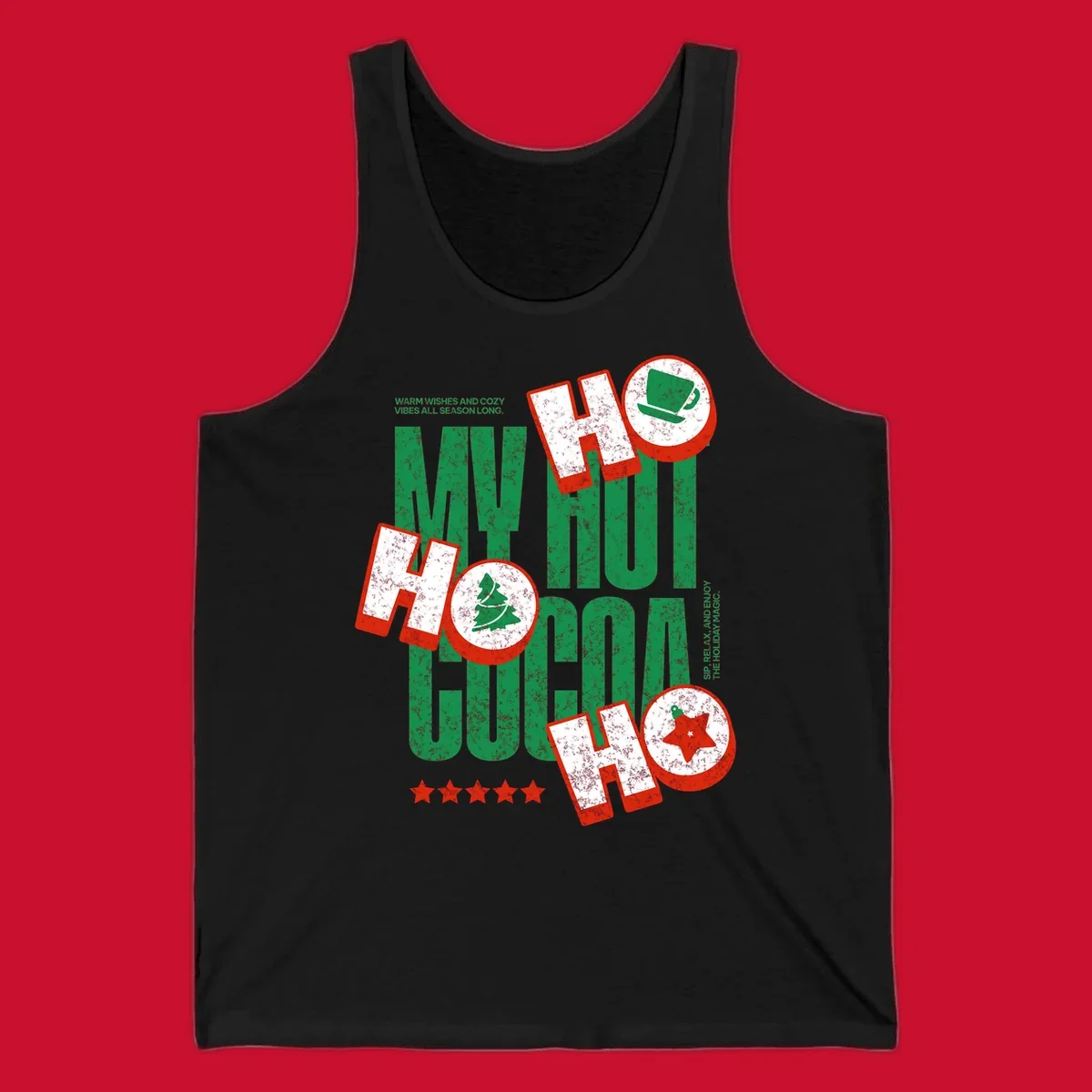 Hot cocoa holiday cheer text and icons design. Festive and loud for Christmas.