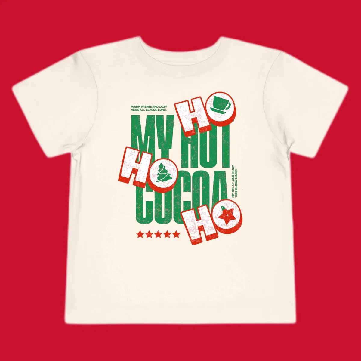 Hot cocoa holiday cheer text and icons design. Festive and loud for Christmas.