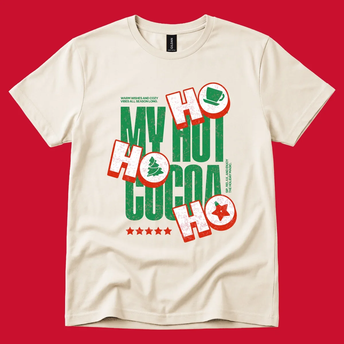 Hot cocoa holiday cheer text and icons design. Festive and loud for Christmas.