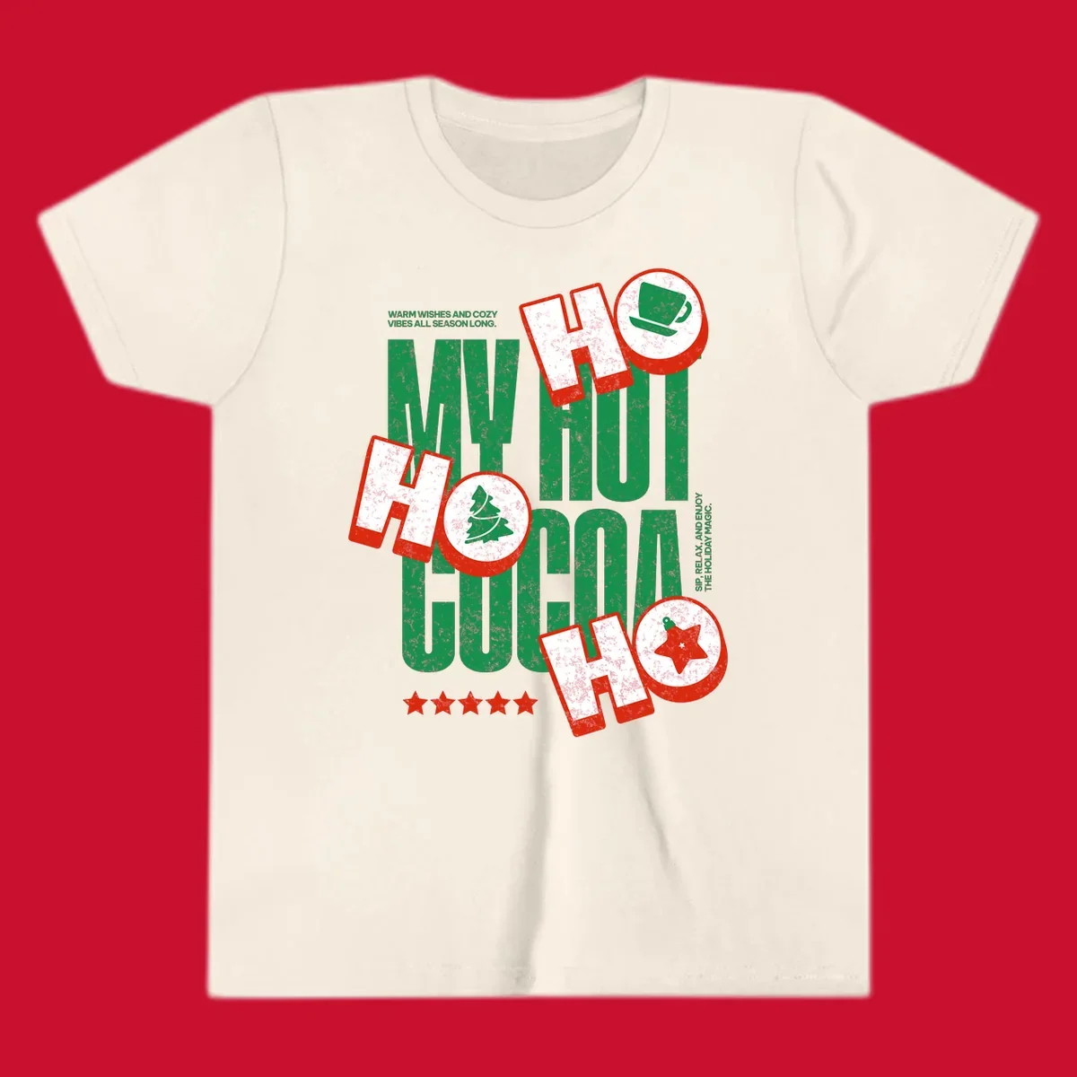 Hot cocoa holiday cheer text and icons design. Festive and loud for Christmas.
