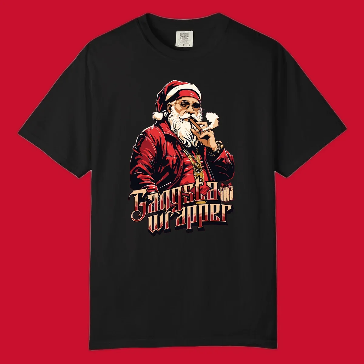 Gangsta Wrapper Christmas design featuring Santa Claus smoking a cigar with gold chains.