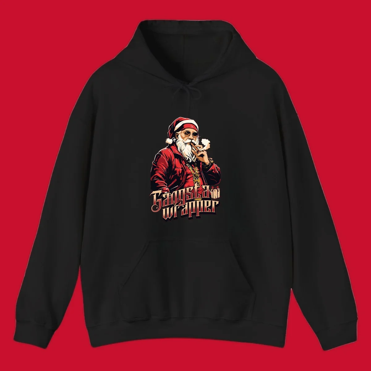 Gangsta Wrapper Christmas design featuring Santa Claus smoking a cigar with gold chains.