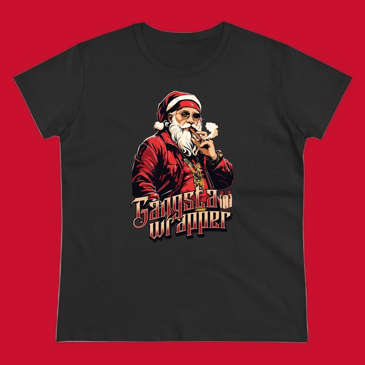 Gangsta Wrapper Christmas design featuring Santa Claus smoking a cigar with gold chains.