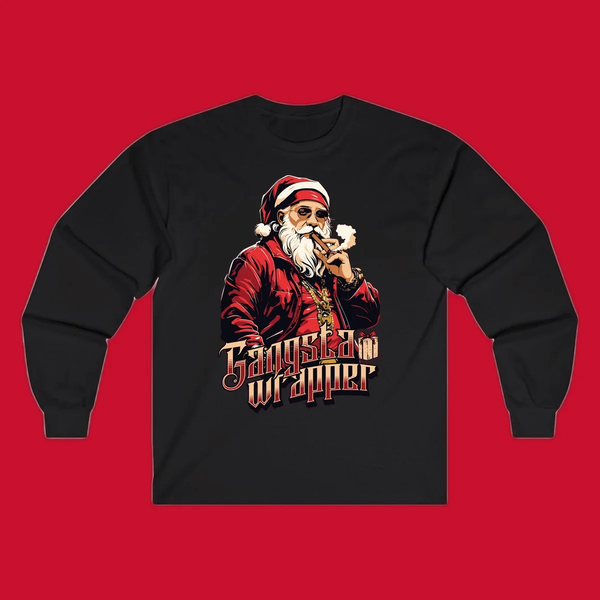 Gangsta Wrapper Christmas design featuring Santa Claus smoking a cigar with gold chains.