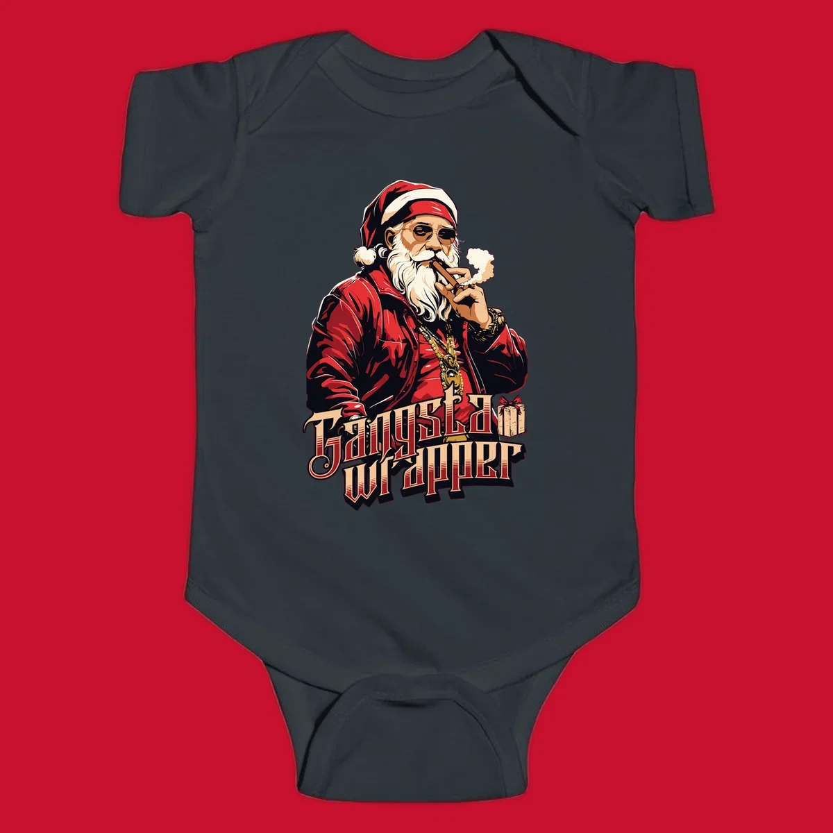Gangsta Wrapper Christmas design featuring Santa Claus smoking a cigar with gold chains.