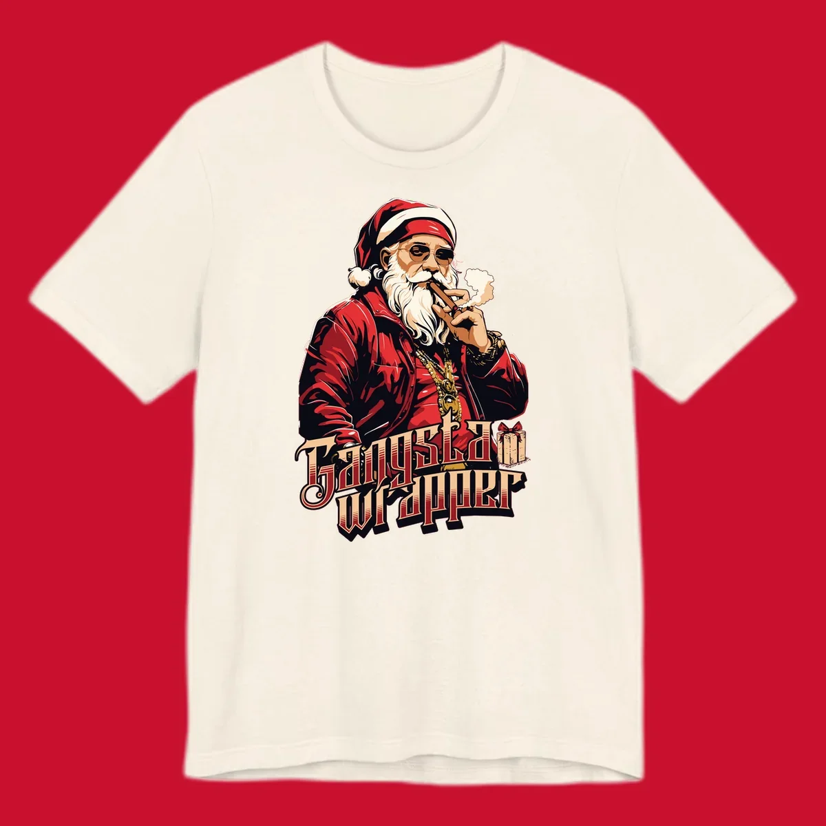 Gangsta Wrapper Christmas design featuring Santa Claus smoking a cigar with gold chains.