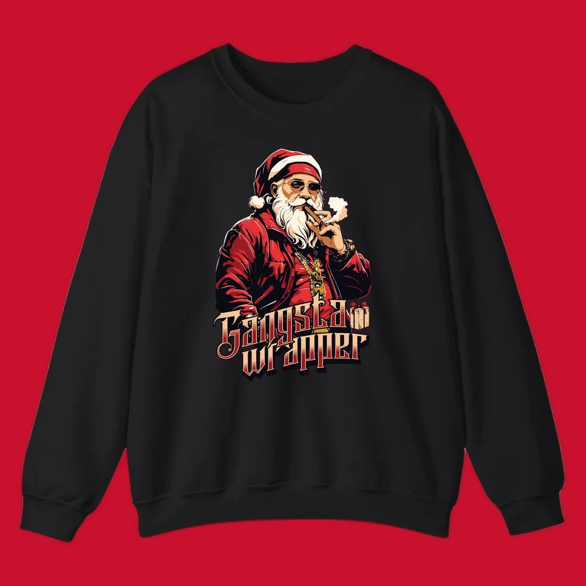 Gangsta Wrapper Christmas design featuring Santa Claus smoking a cigar with gold chains.