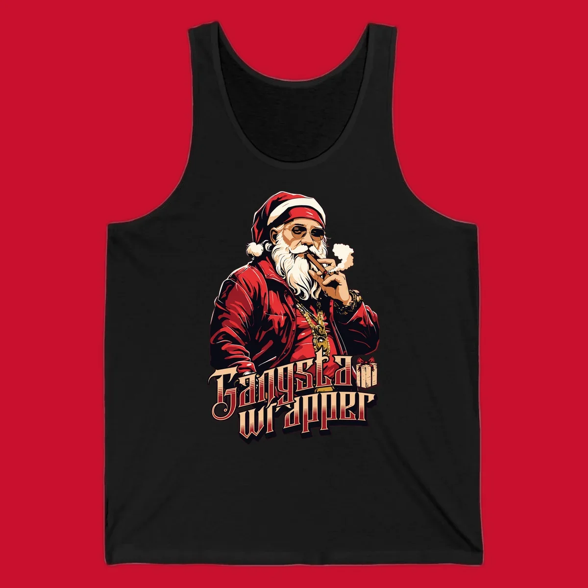 Gangsta Wrapper Christmas design featuring Santa Claus smoking a cigar with gold chains.
