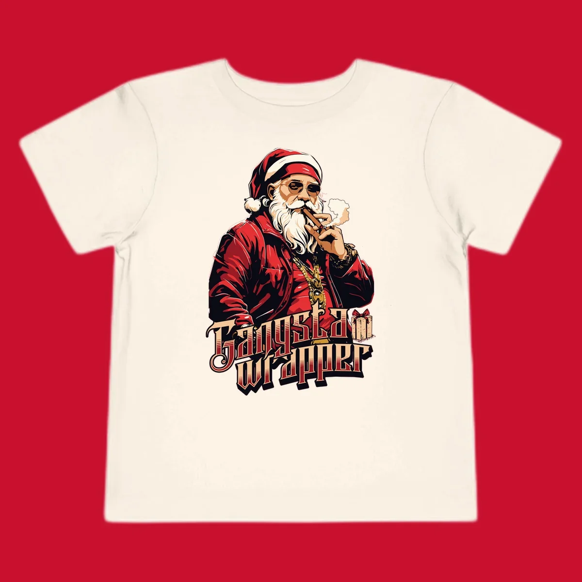 Gangsta Wrapper Christmas design featuring Santa Claus smoking a cigar with gold chains.