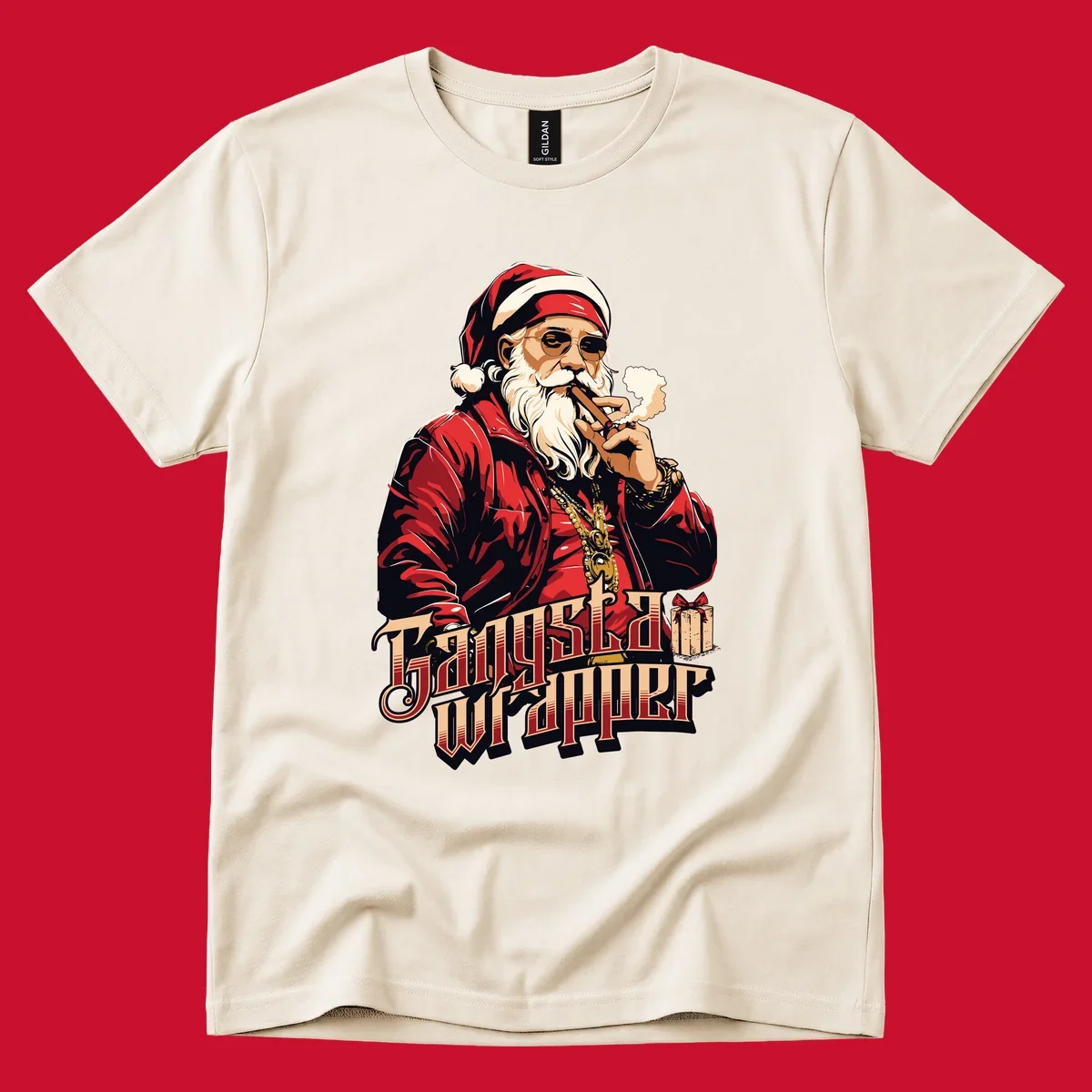 Gangsta Wrapper Christmas design featuring Santa Claus smoking a cigar with gold chains.