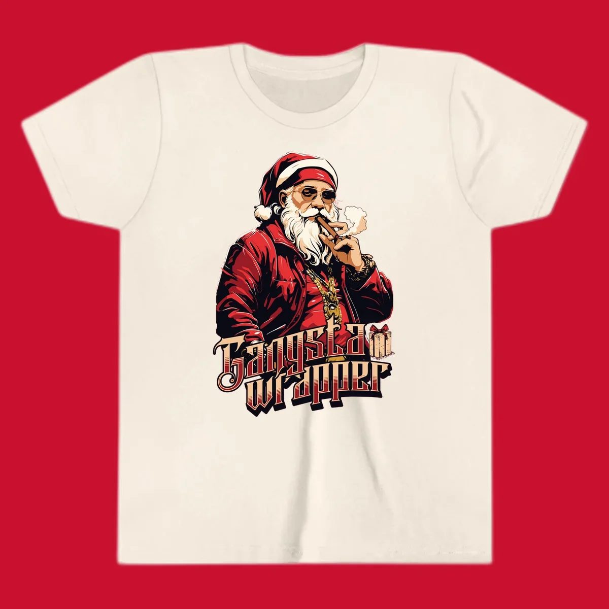 Gangsta Wrapper Christmas design featuring Santa Claus smoking a cigar with gold chains.