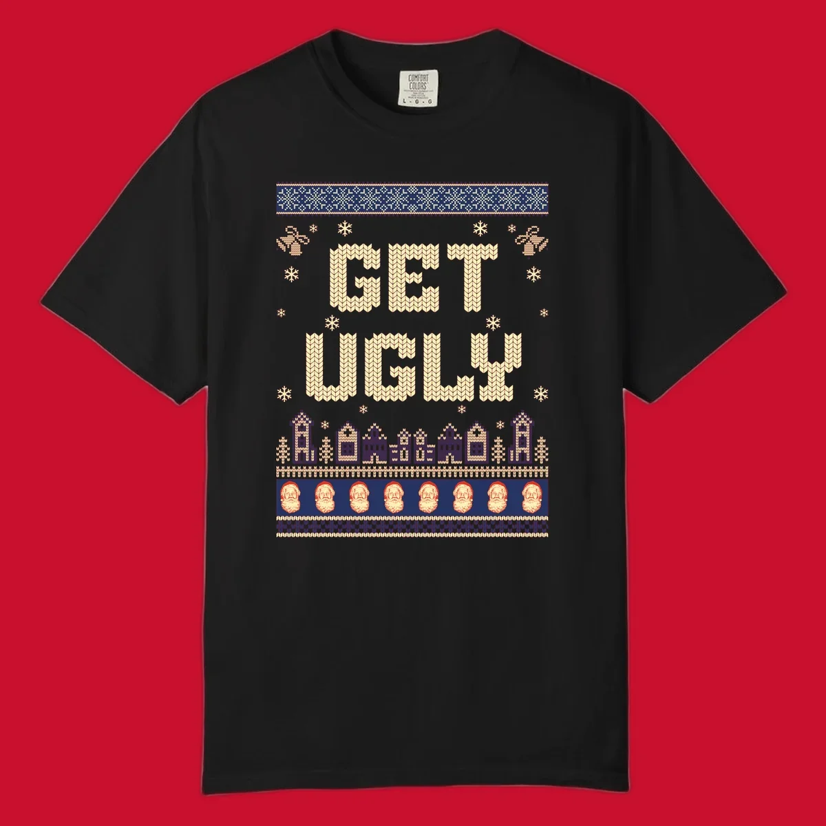 Get Ugly Christmas sweater design with text, snowflakes, houses, and Santa faces.