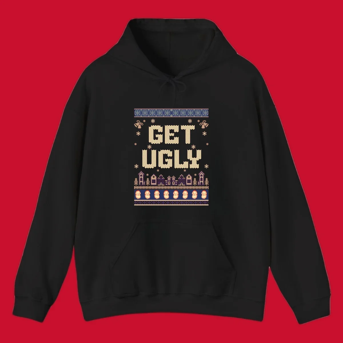 Get Ugly Christmas sweater design with text, snowflakes, houses, and Santa faces.