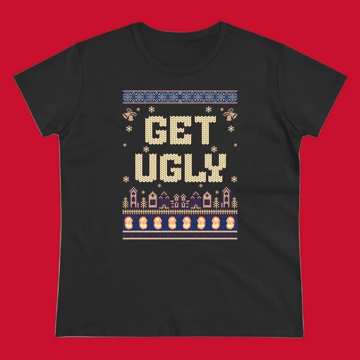 Get Ugly Christmas sweater design with text, snowflakes, houses, and Santa faces.