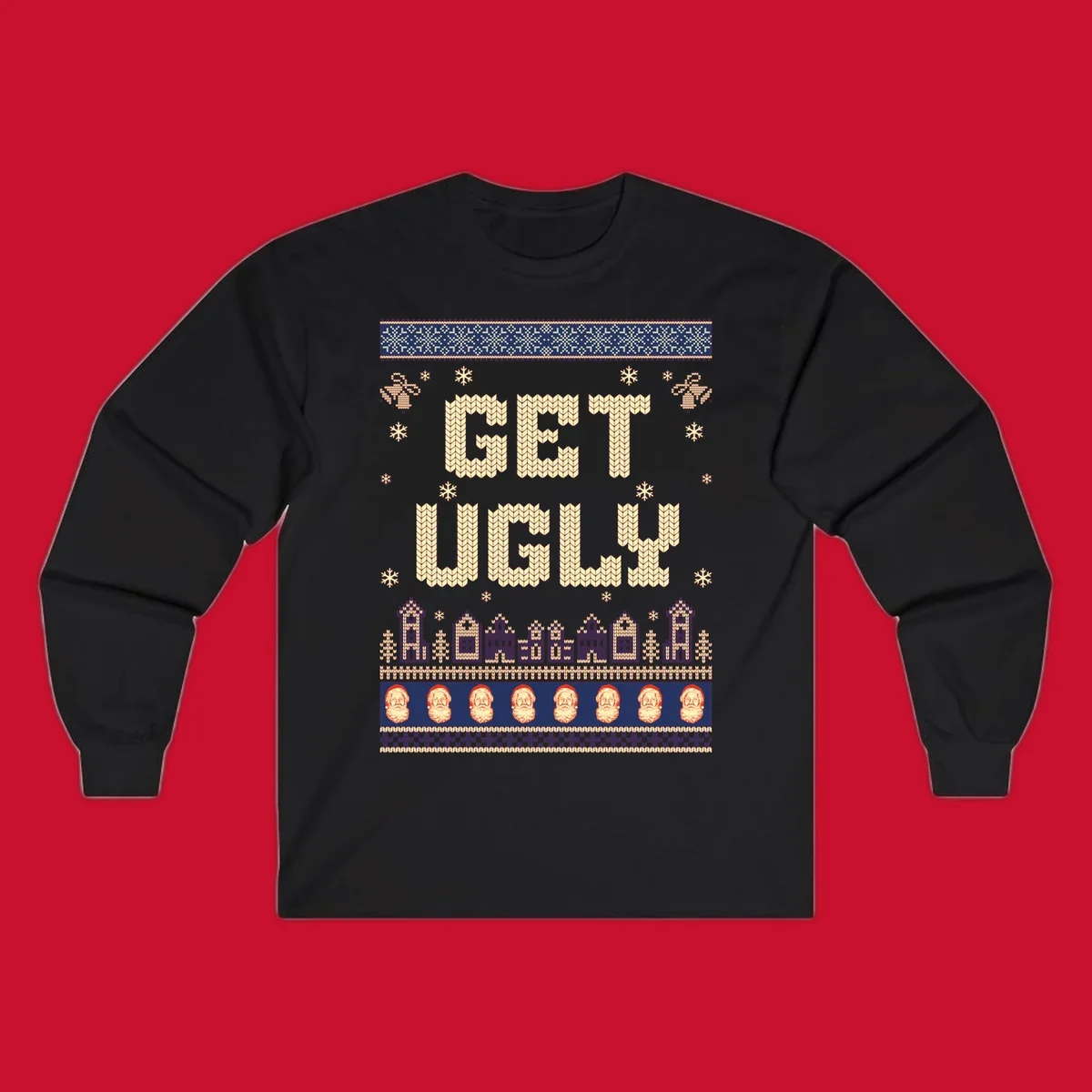 Get Ugly Christmas sweater design with text, snowflakes, houses, and Santa faces.