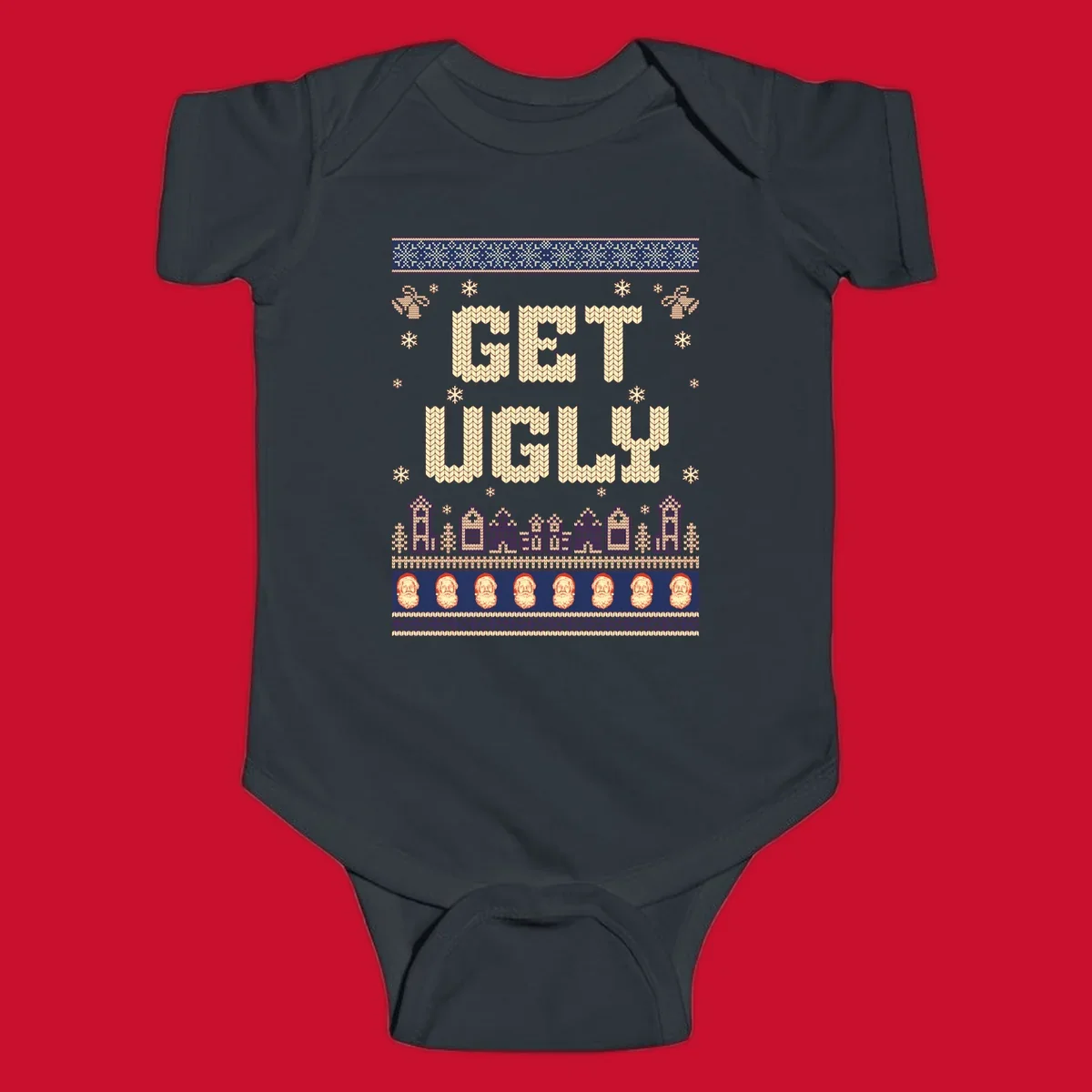 Get Ugly Christmas sweater design with text, snowflakes, houses, and Santa faces.