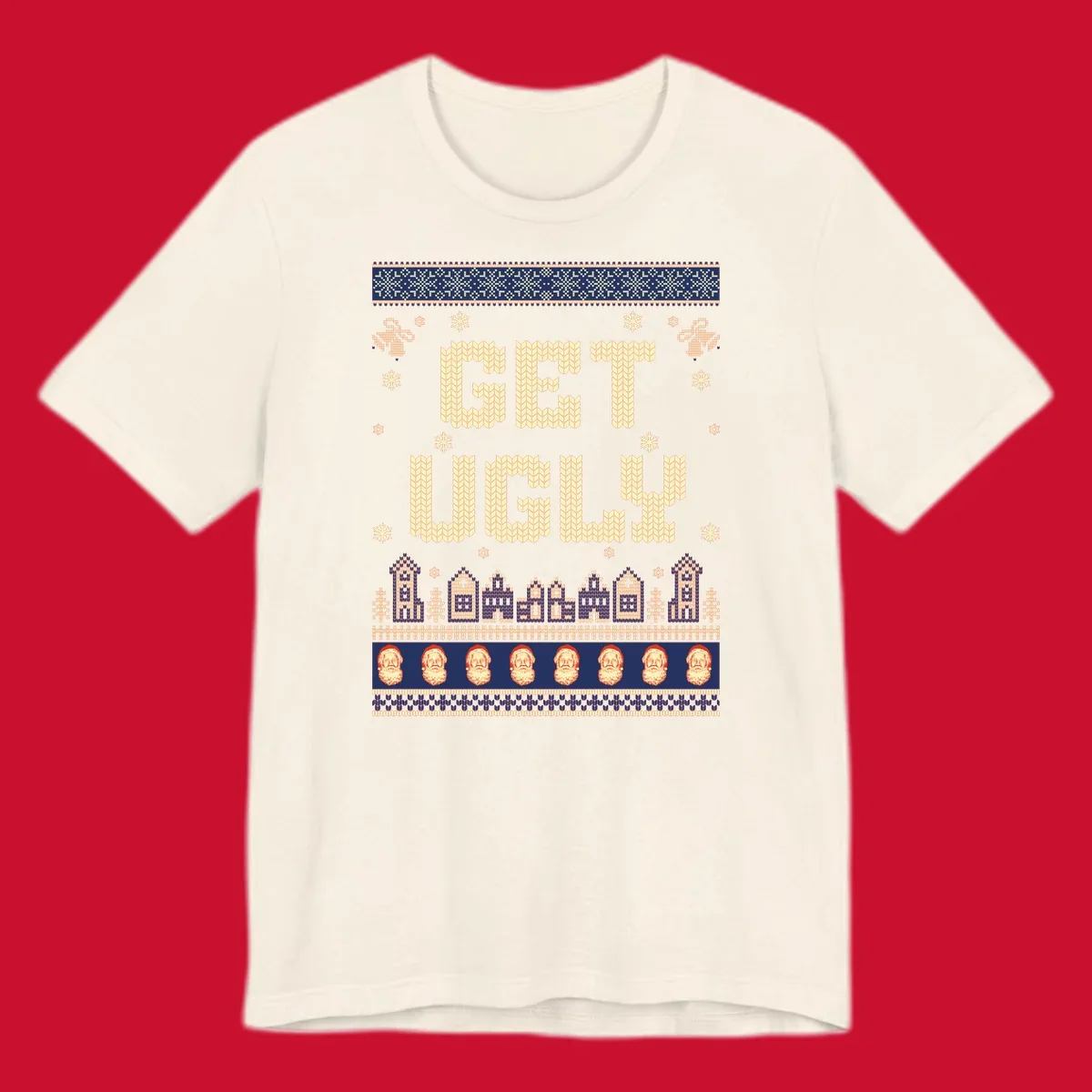 Get Ugly Christmas sweater design with text, snowflakes, houses, and Santa faces.
