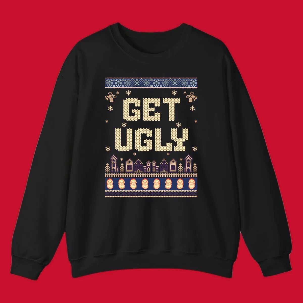 Get Ugly Christmas sweater design with text, snowflakes, houses, and Santa faces.