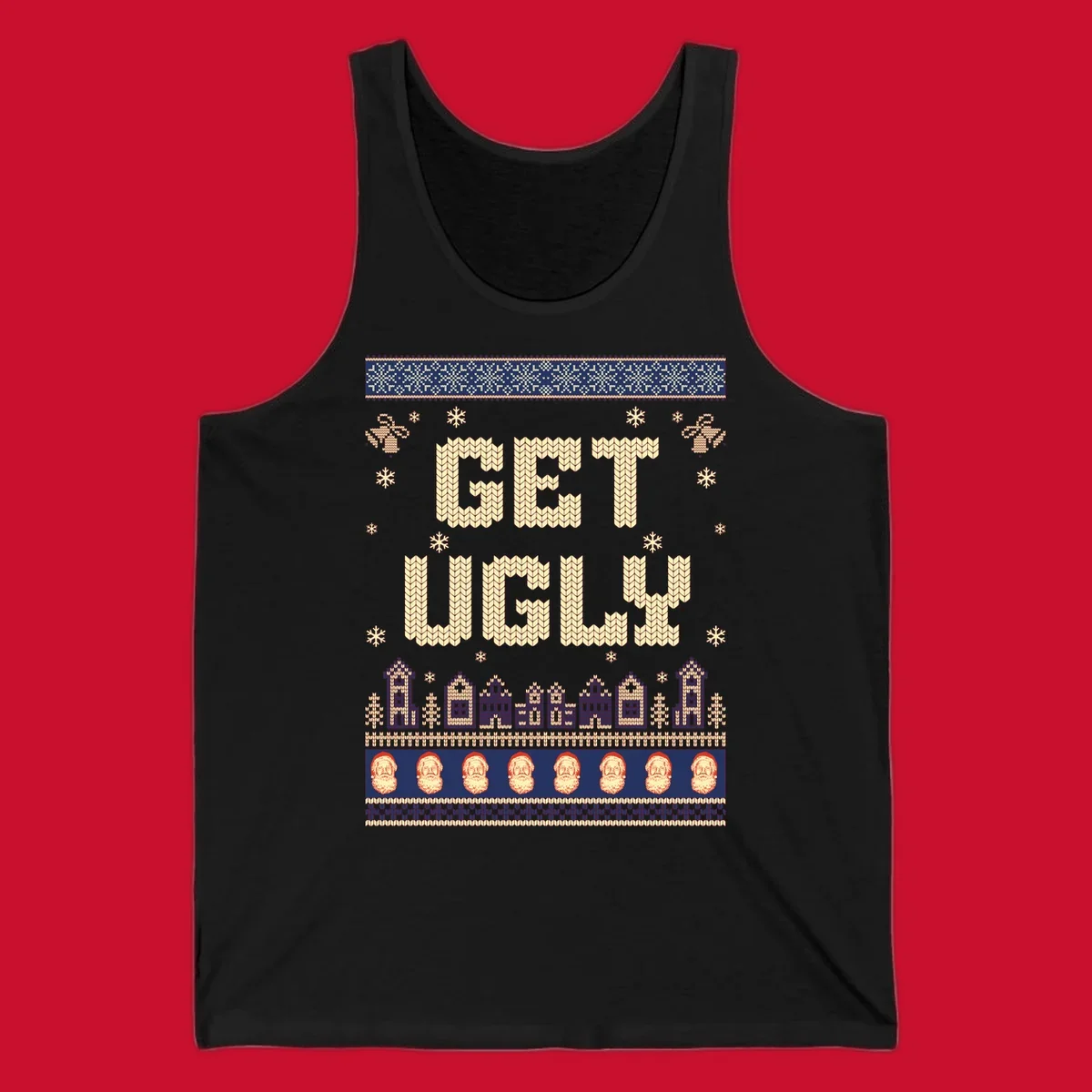 Get Ugly Christmas sweater design with text, snowflakes, houses, and Santa faces.