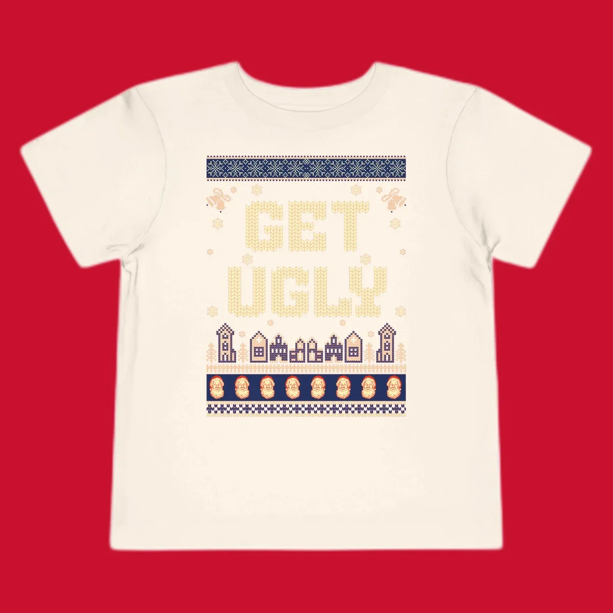 Get Ugly Christmas sweater design with text, snowflakes, houses, and Santa faces.