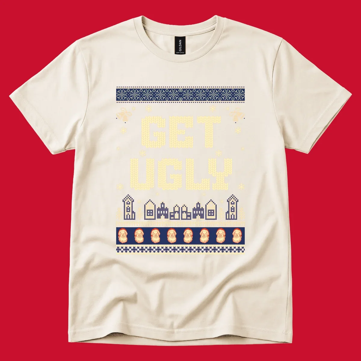 Get Ugly Christmas sweater design with text, snowflakes, houses, and Santa faces.