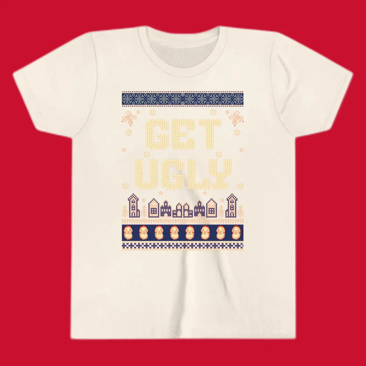 Get Ugly Christmas sweater design with text, snowflakes, houses, and Santa faces.