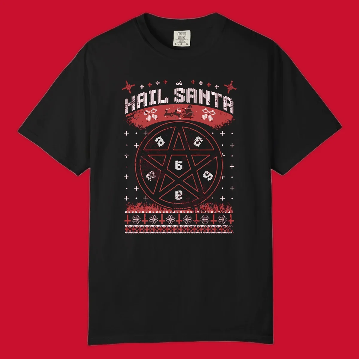 Hail Santa Christmas pentagram design with Santa and snowflakes.