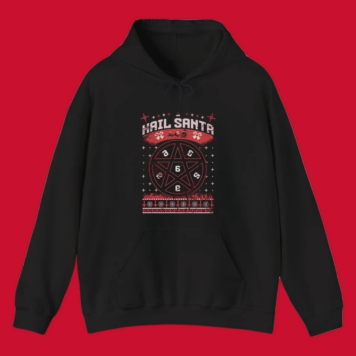 Hail Santa Christmas pentagram design with Santa and snowflakes.