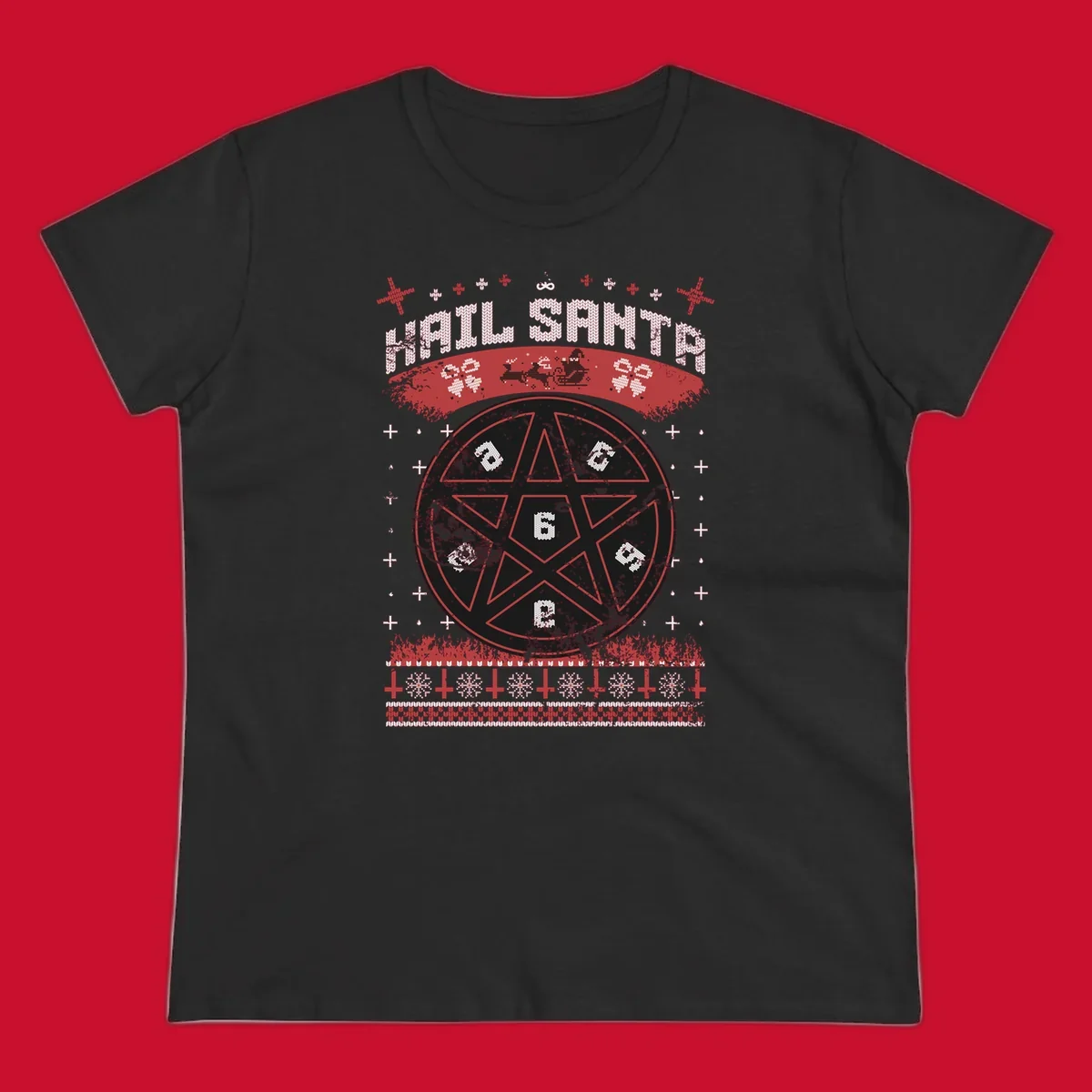 Hail Santa Christmas pentagram design with Santa and snowflakes.