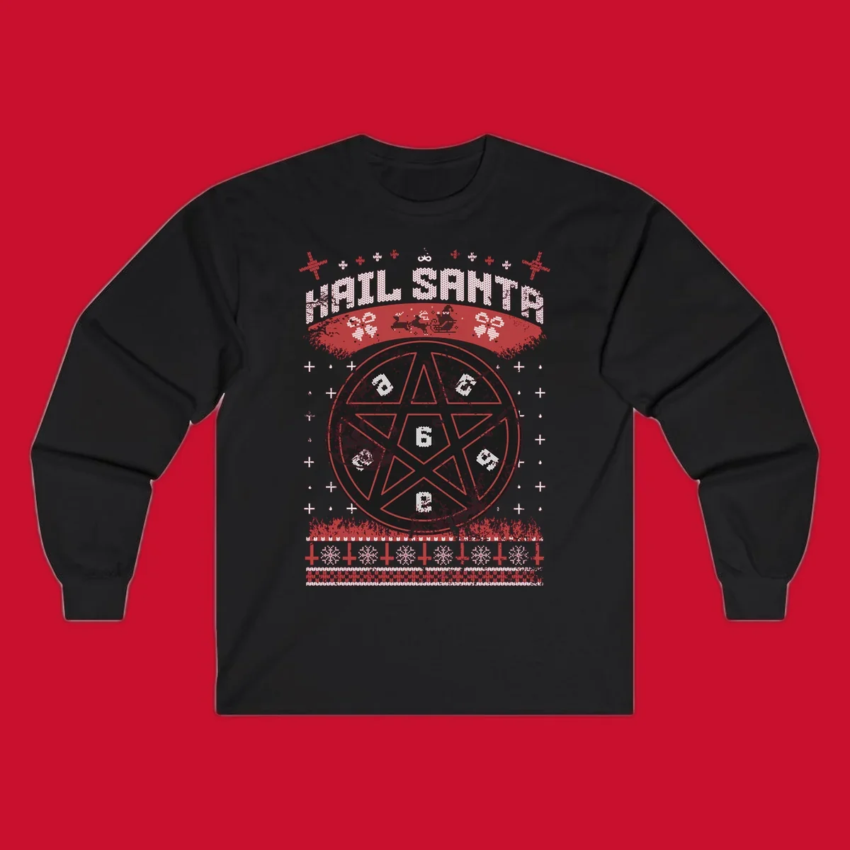Hail Santa Christmas pentagram design with Santa and snowflakes.