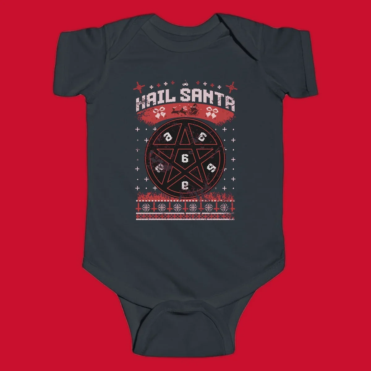 Hail Santa Christmas pentagram design with Santa and snowflakes.