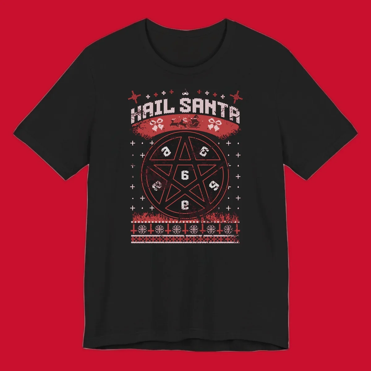 Hail Santa Christmas pentagram design with Santa and snowflakes.