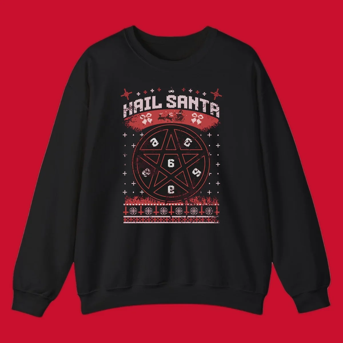 Hail Santa Christmas pentagram design with Santa and snowflakes.
