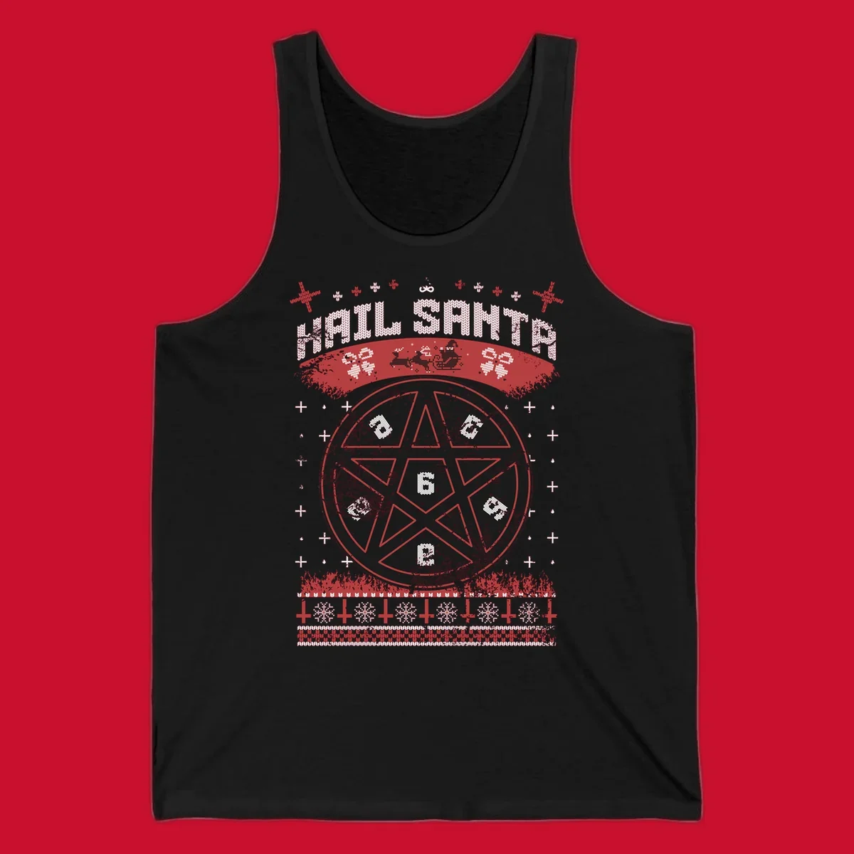 Hail Santa Christmas pentagram design with Santa and snowflakes.