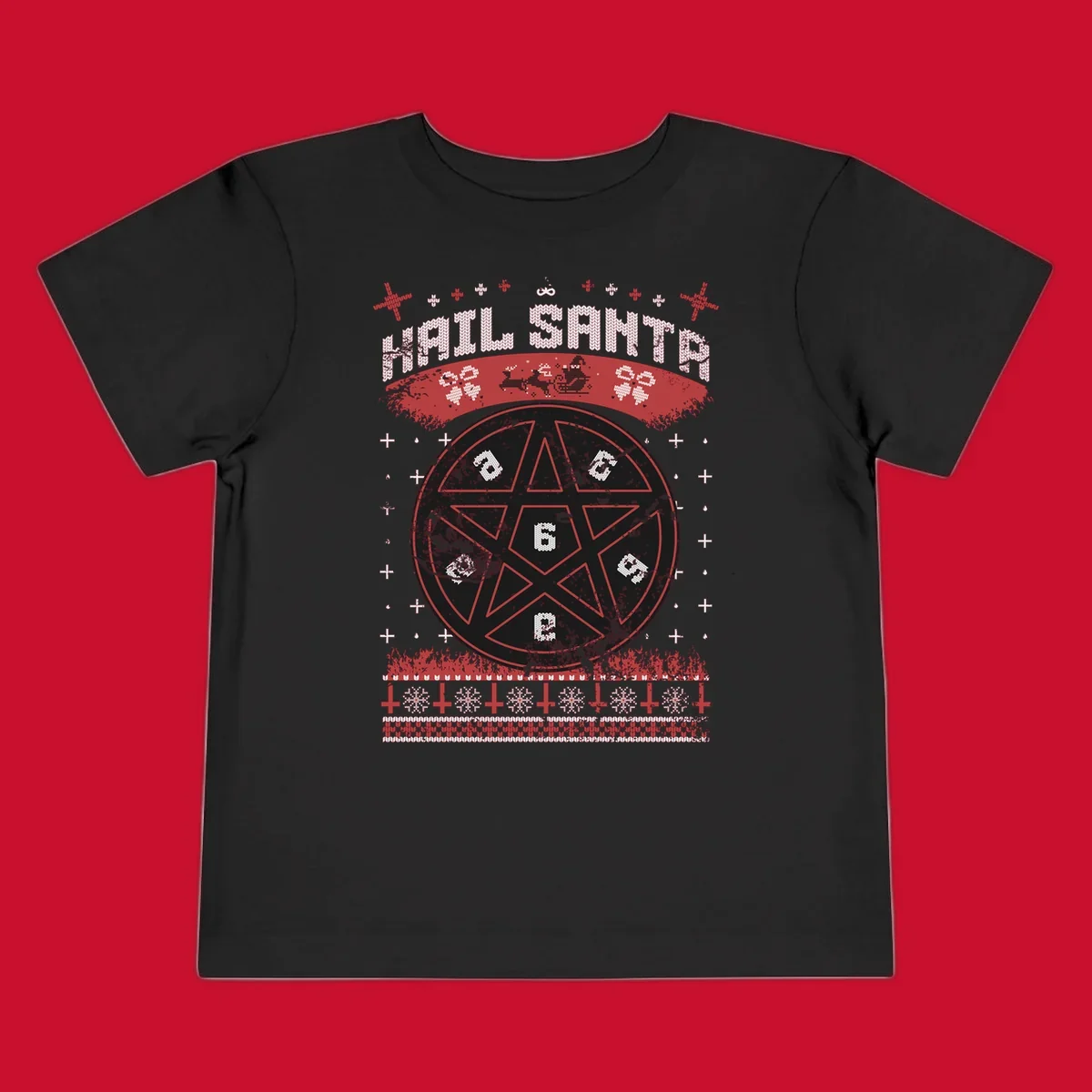Hail Santa Christmas pentagram design with Santa and snowflakes.