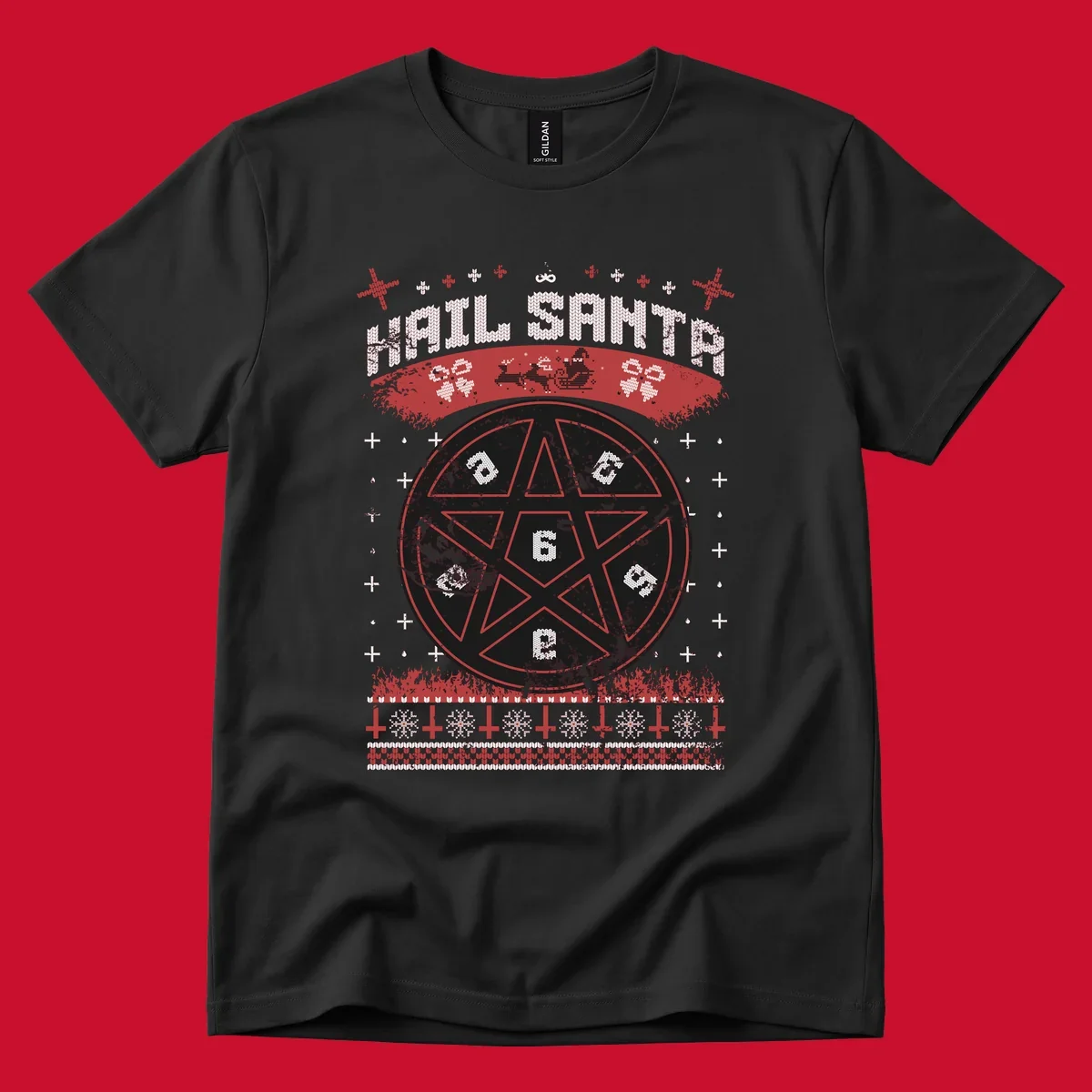 Hail Santa Christmas pentagram design with Santa and snowflakes.