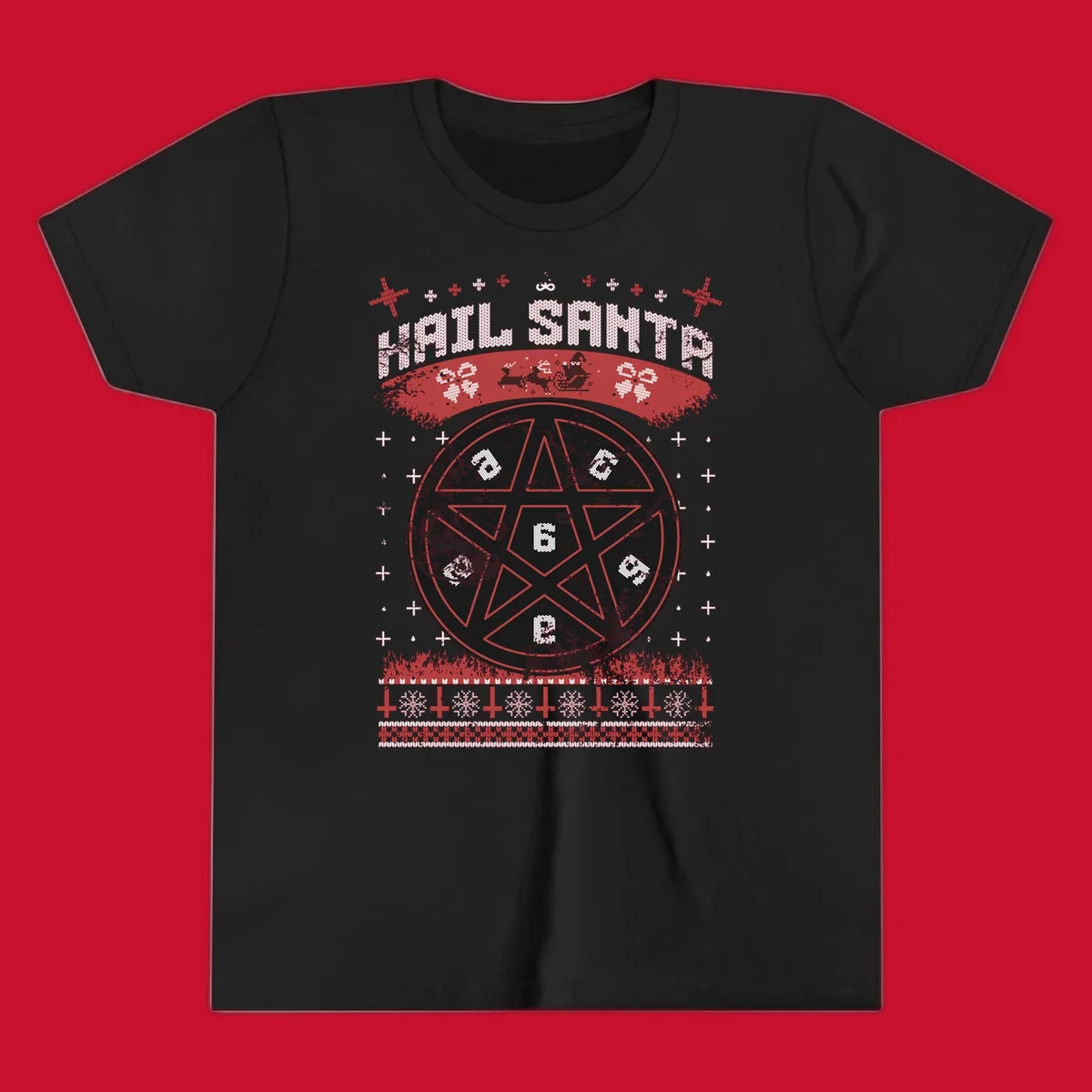 Hail Santa Christmas pentagram design with Santa and snowflakes.